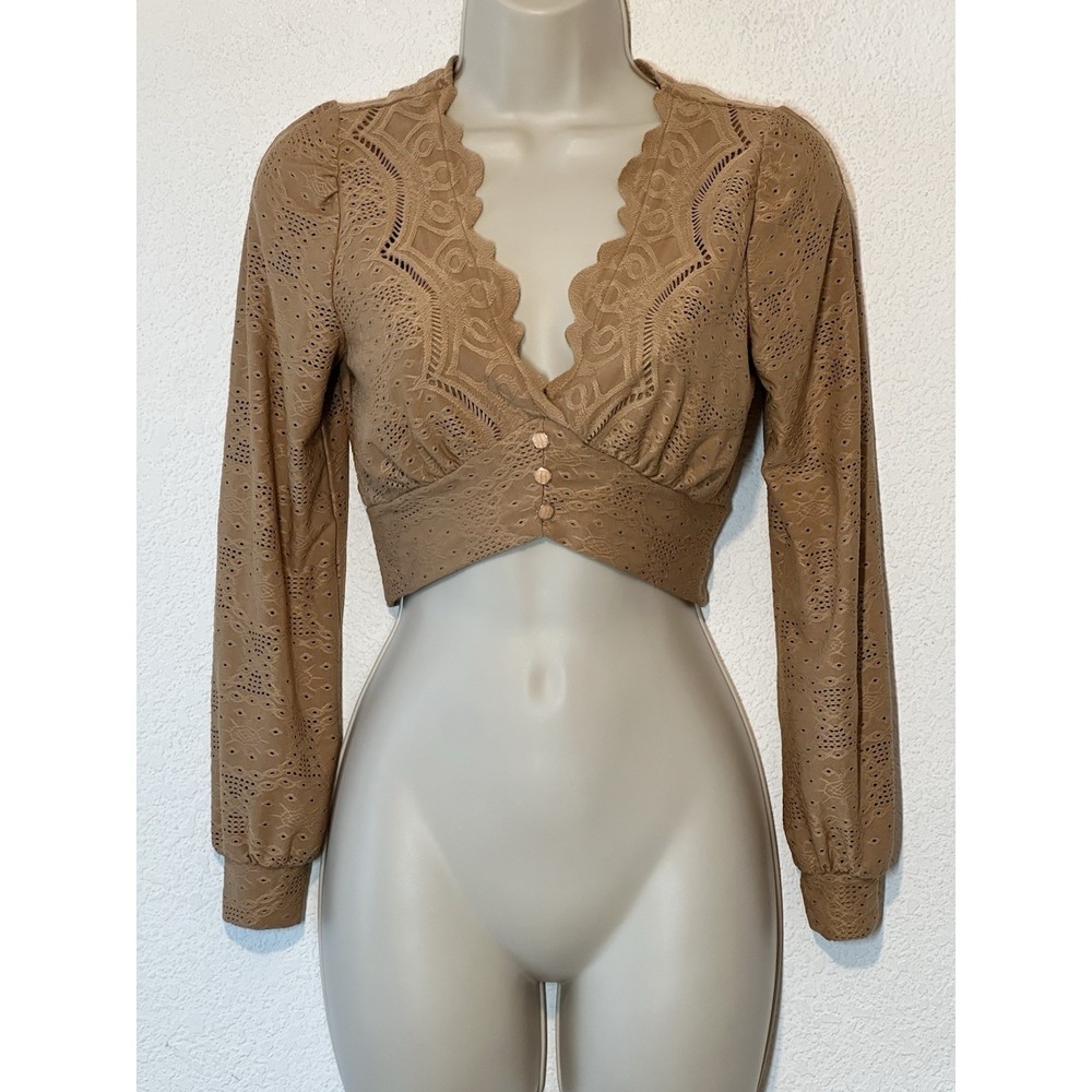 Womens Medium Brown Tan Eyelet Crop Top Long Sleeve‎ Coquette Boho Festival
